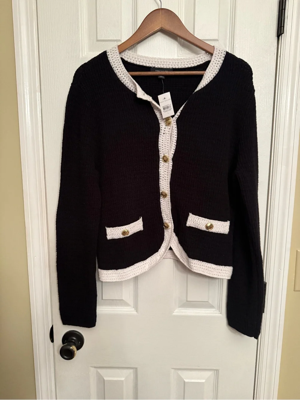 New Ann Taylor Black Cardigan with White Crochet Trim and Gold Button large $169 - Picture 1 of 6